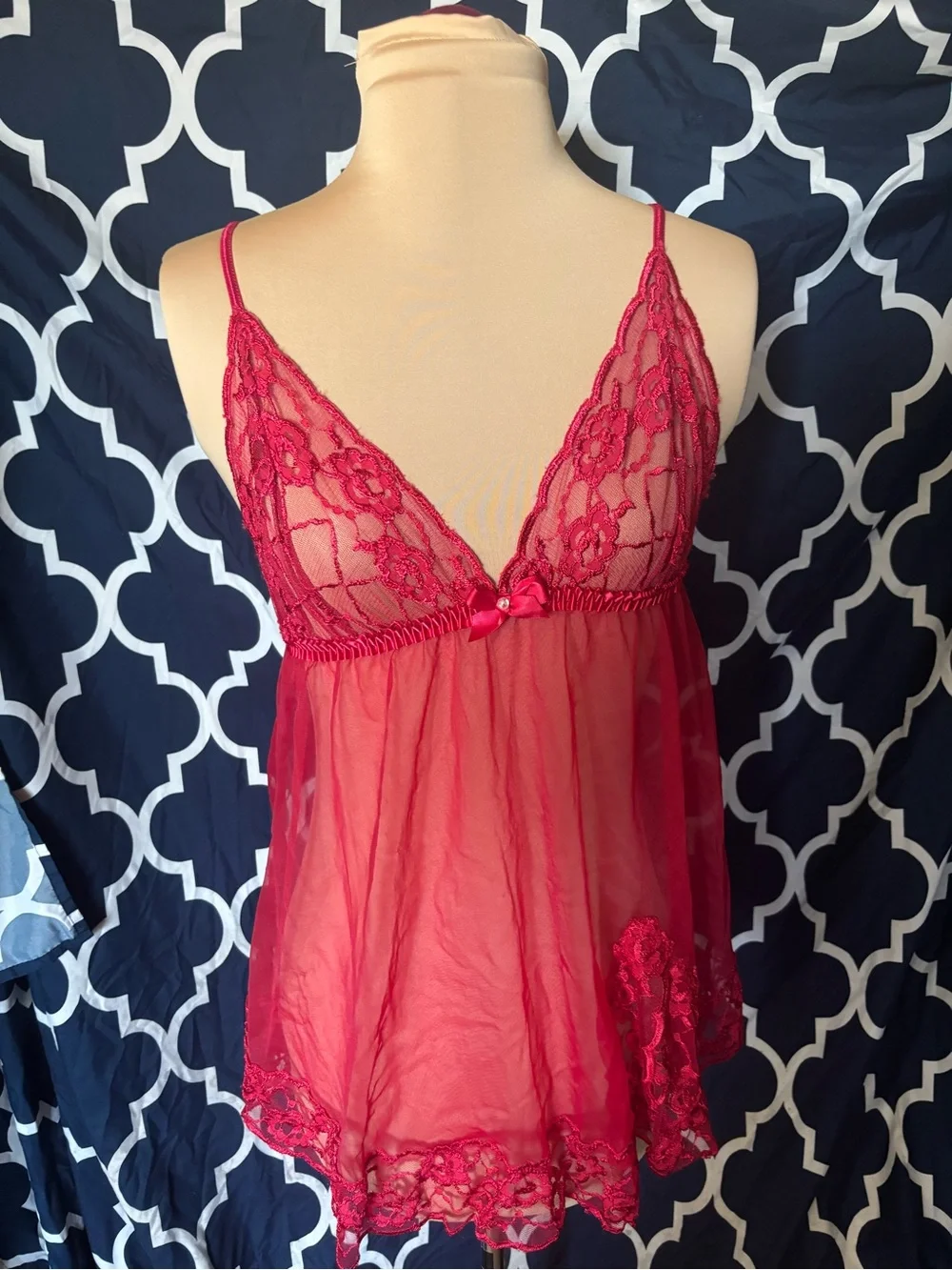 Frederick's of Hollywood Red Lace Sheer Babydoll Chemise